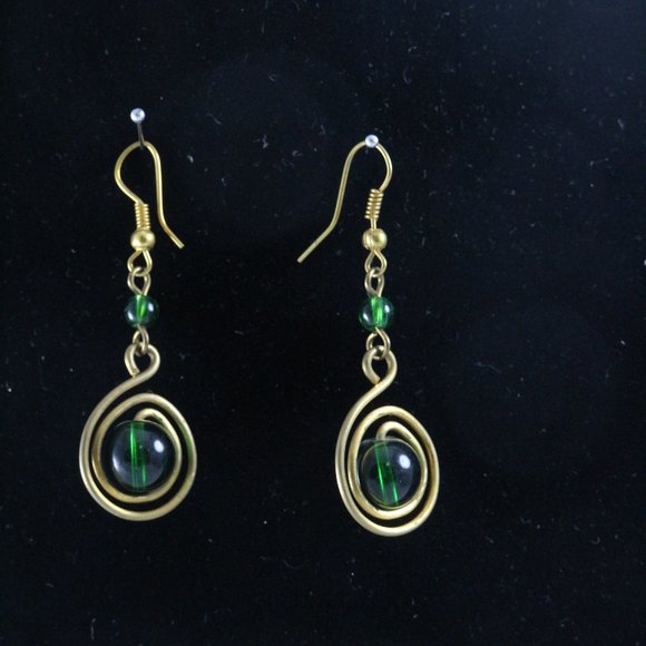 Handmade East African Brass Green Ceramic Beaded Drop Earrings Pair - Picture 4 of 4